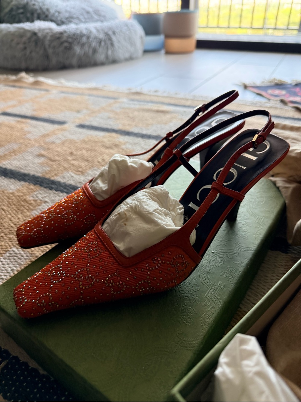 Gucci Orange Crystal-Studded Slingback Pumps - Picture 4 of 9